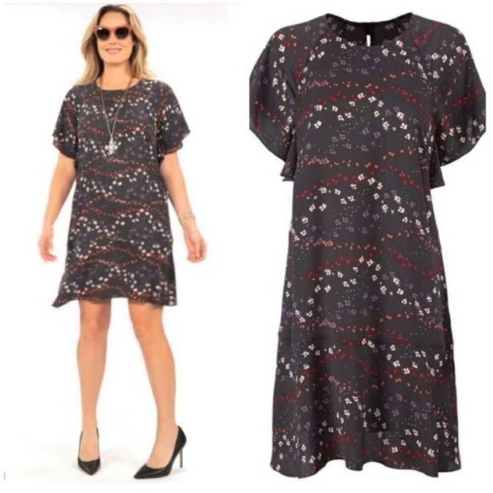 CAbi Muse Dark Grey Floral Print Flutter Sleeve Dress Womens Size Medium